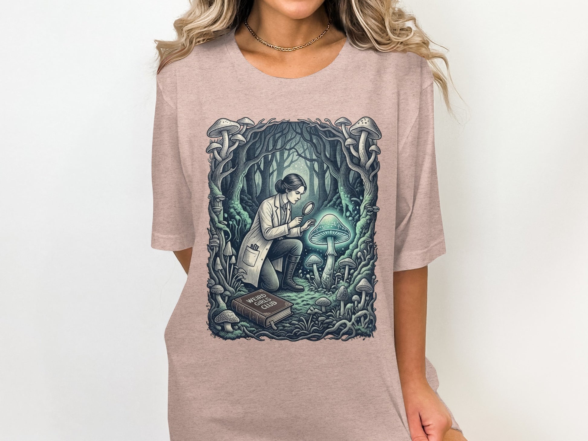 Woman in lab coat examining glowing mushroom in forest with "Weirdo Club" book.
