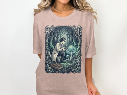Woman in lab coat examining glowing mushroom in forest with "Weirdo Club" book.