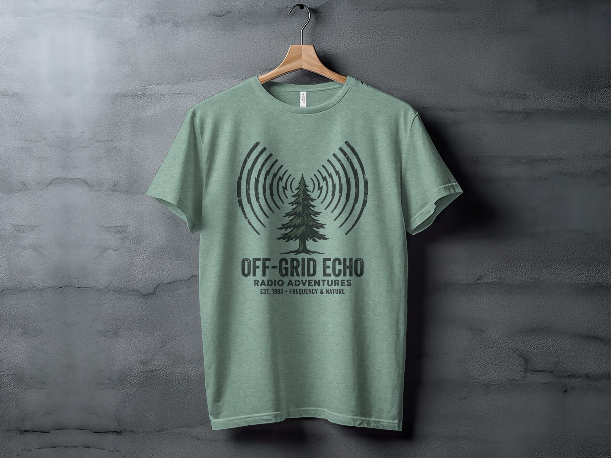 Off-Grid Radio Adventures | Vintage Outdoor Apparel: Green t-shirt with "Off-Grid Echo" logo featuring a pine tree and radio waves.