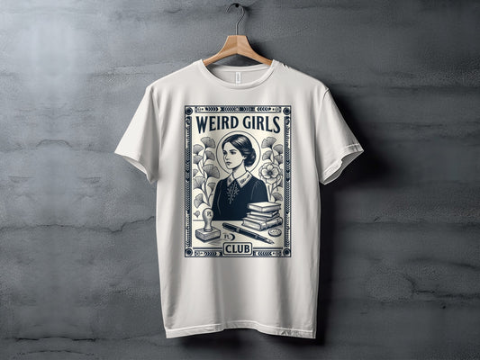 White t-shirt with "Weird Girls Club" text and vintage illustration.