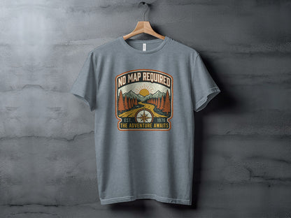 Heritage No Map Required: The Adventure Awaits Nomad Tee: Grey t-shirt with "No Map Required, Est. 1976 The Adventure Awaits" mountain design.