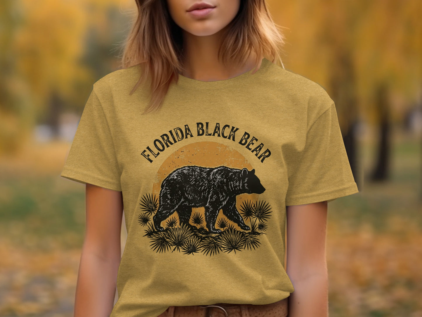 Heritage Florida Bear Trails Classic Nomad Tee: Yellow t-shirt with "Florida Black Bear" text and a walking bear graphic.