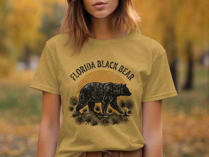Heritage Florida Bear Trails Classic Nomad Tee: Yellow t-shirt with "Florida Black Bear" text and a walking bear graphic.