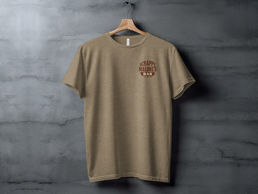 Brown t-shirt with "Scrappy Malone's Bar" logo on chest.
