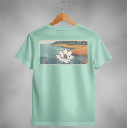 Mint green t-shirt with a white water lily design on the back.