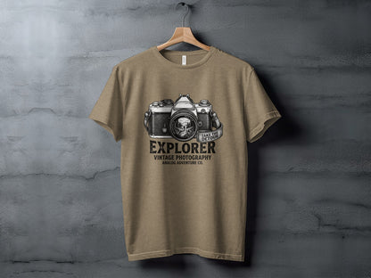 The Analog Explorer's Detour: Backcountry Outpost Shirt: Brown t-shirt with vintage camera graphic and "Explorer Vintage Photography" text.