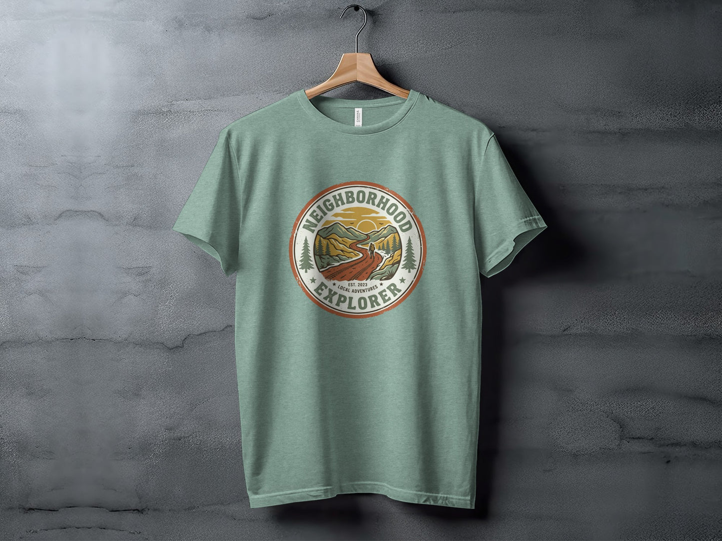 The Original Neighborhood Explorer Adventure Adventure Top: Mint green t-shirt with "Neighborhood Explorer" circular graphic.
