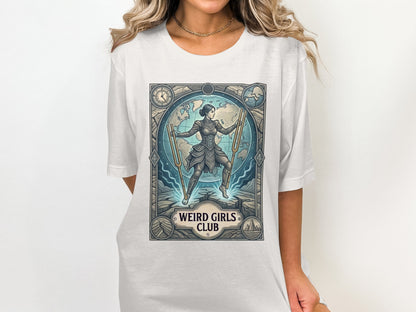 T-shirt with "Weird Girls Club" and graphic of woman with tuning forks.