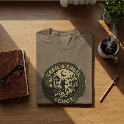 Heritage Trail & Creek Scout Adventure Nomad Tee: Brown t-shirt with circular "Trail & Creek Scout" logo featuring a hiker.