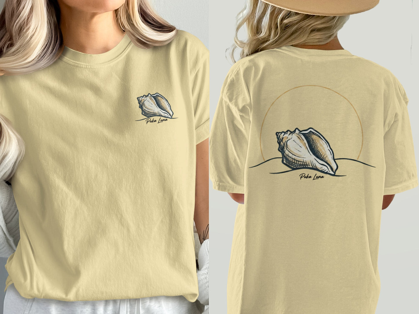 Light yellow t-shirt with a shell graphic and "Puka Luna" text on front and back.