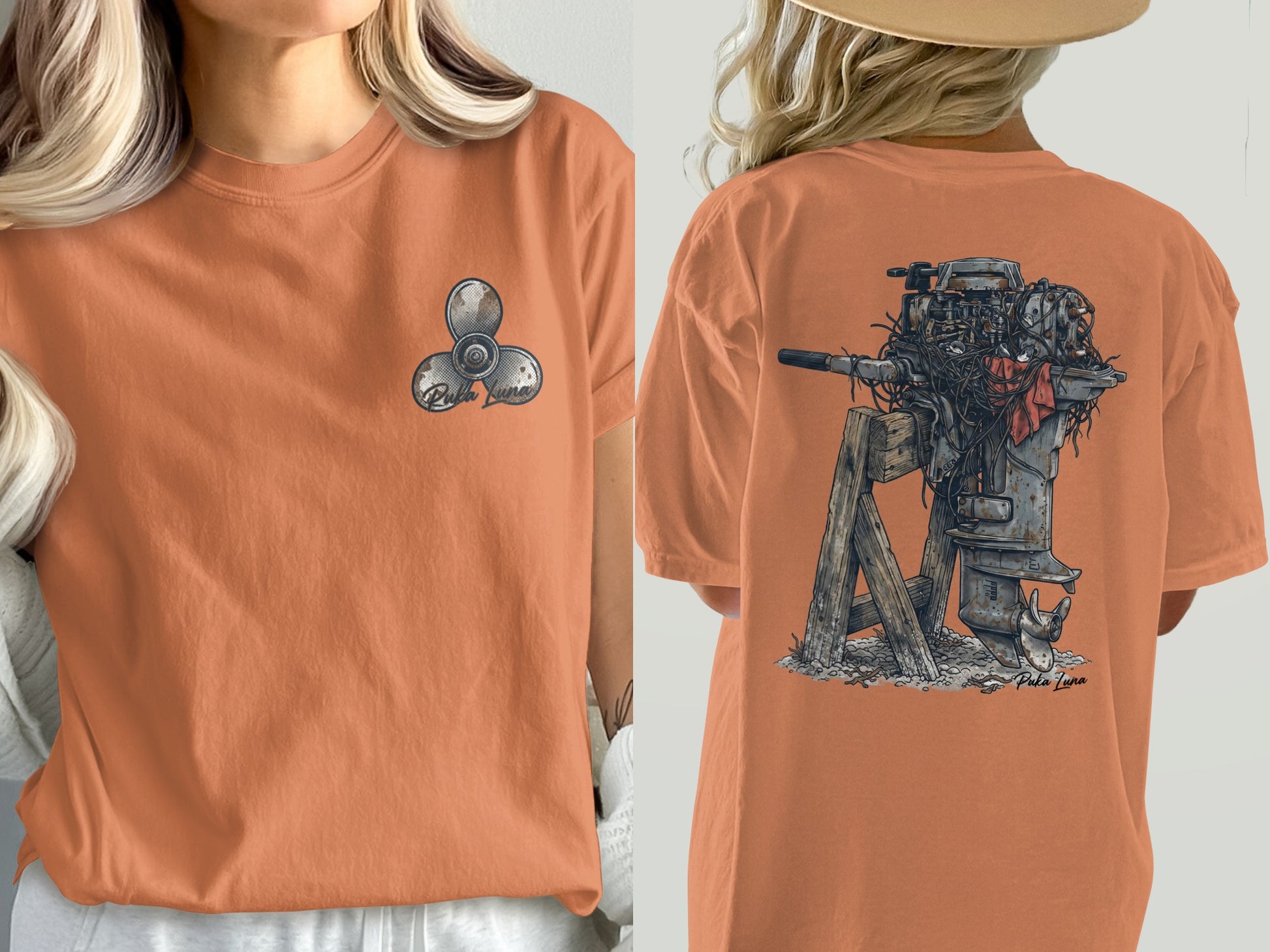 Orange t-shirt with propeller on front and outboard motor graphic on back.