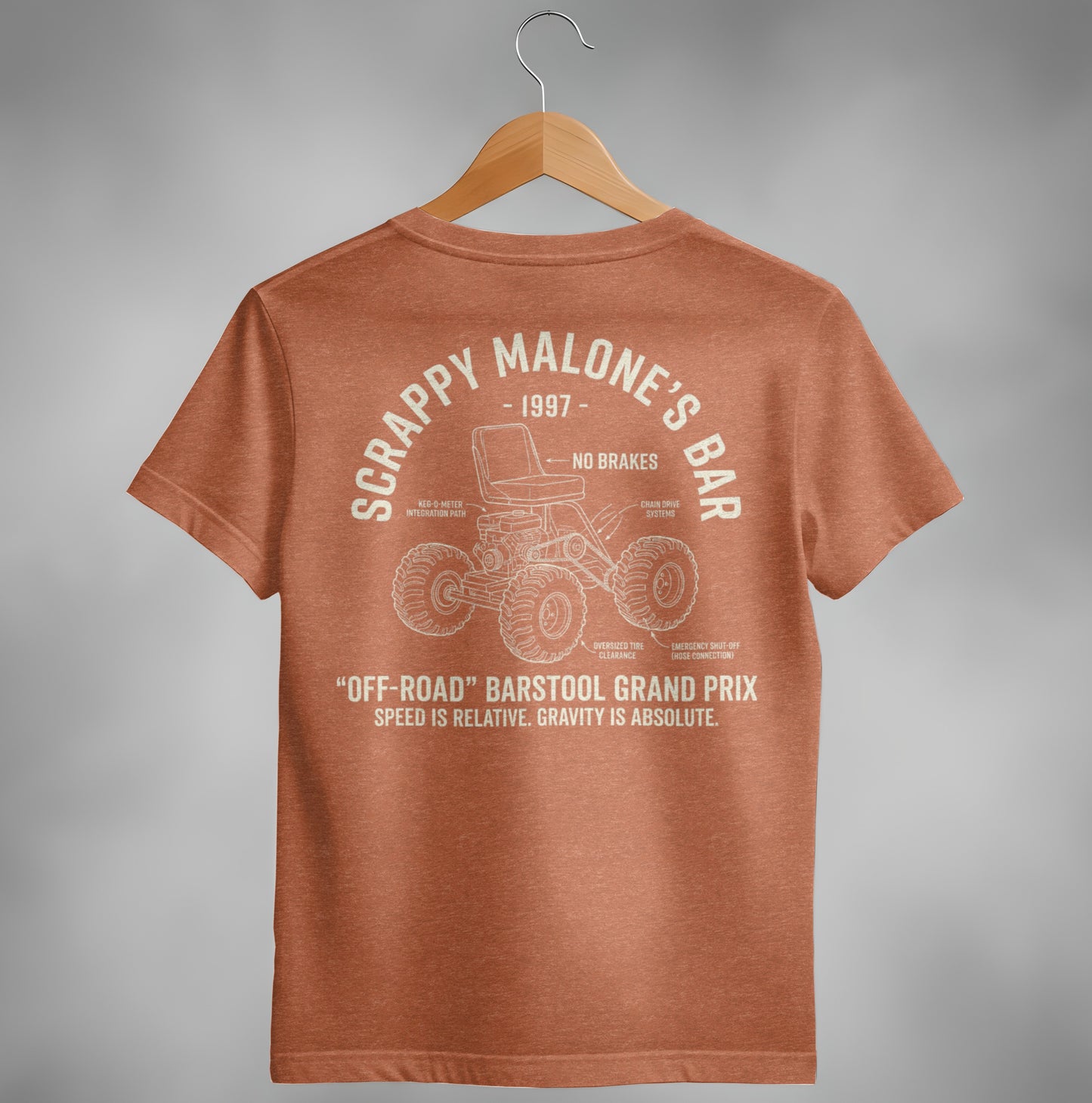 Orange t-shirt with "Scrappy Malone's Bar" and off-road barstool graphic.