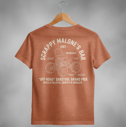 Orange t-shirt with "Scrappy Malone's Bar" and off-road barstool graphic.