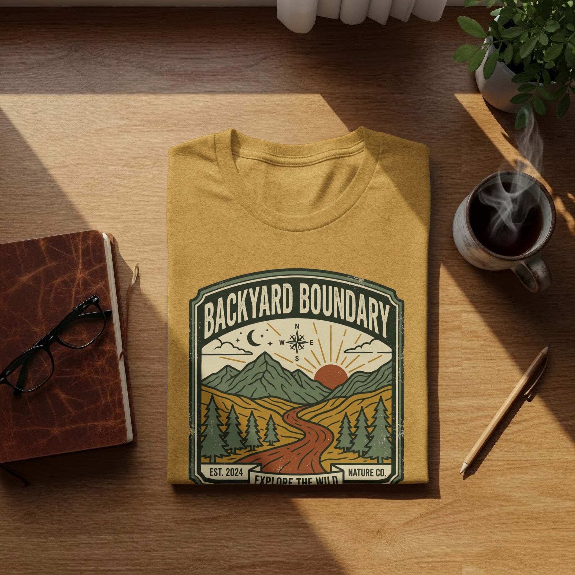 Rugged Backyard Boundary: Explore The Wild Wilderness Shirt: Yellow t-shirt with "Backyard Boundary" and "Explore the Wild" nature design.