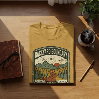Rugged Backyard Boundary: Explore The Wild Wilderness Shirt: Yellow t-shirt with "Backyard Boundary" and "Explore the Wild" nature design.