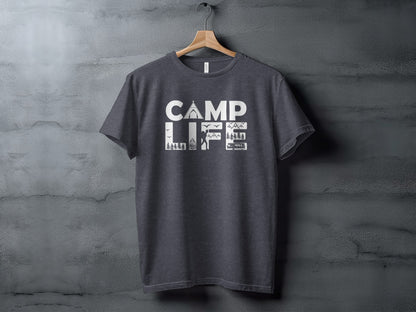 Camp Life Illustration with Tent and Fire Design T-Shirt T-Shirt - Outdoor & Adventure Collection - Mile Marker 16 Gear by Cloud 16 Clothing Co.