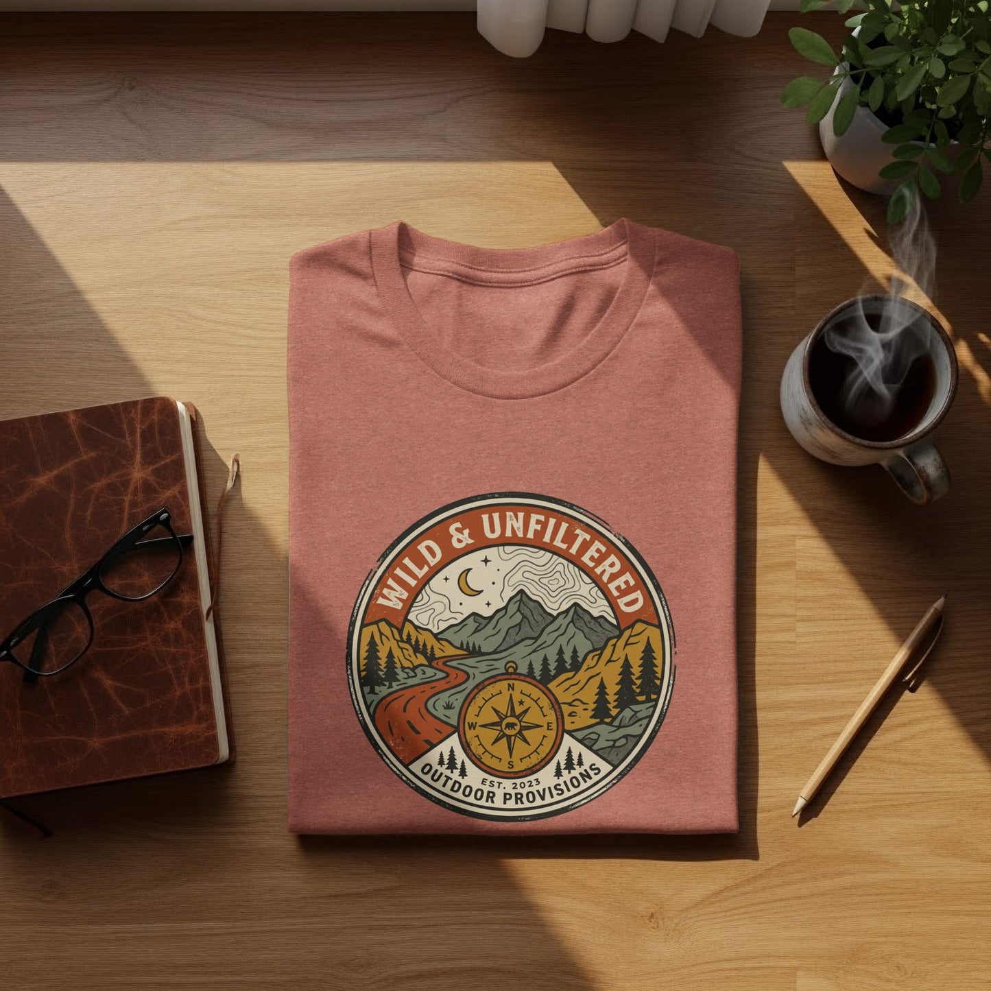 Rugged Wild & Unfiltered Explorer Wilderness Shirt: Terracotta t-shirt with "Wild & Unfiltered Outdoor Provisions" circular logo.