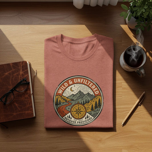 Rugged Wild & Unfiltered Explorer Wilderness Shirt: Terracotta t-shirt with "Wild & Unfiltered Outdoor Provisions" circular logo.
