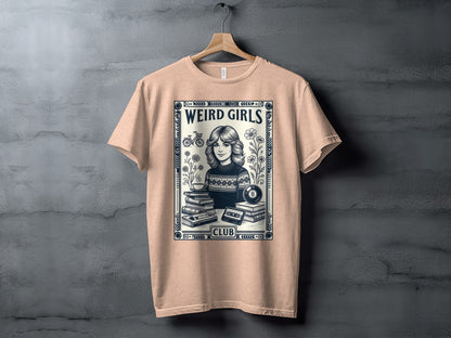 Black and white illustration of a woman and books on a peach t-shirt.