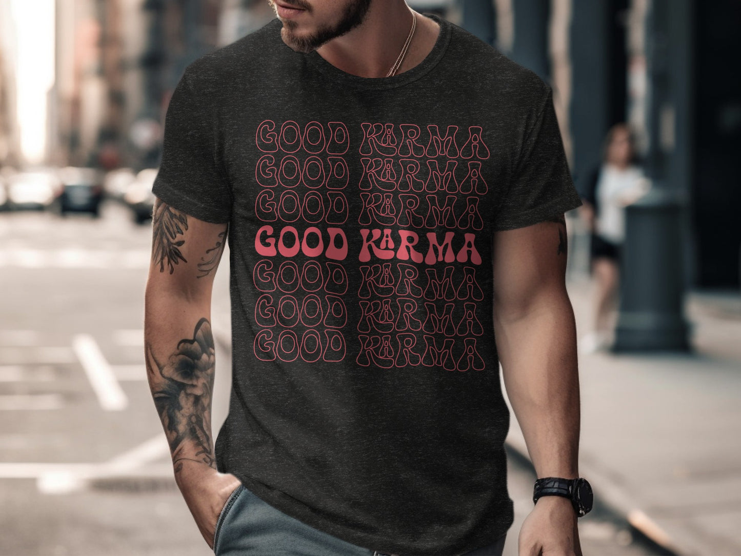 Good Karma Graphic Tee with Bold Typographic Design
