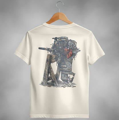 Cream t-shirt with illustration of a weathered outboard motor on a wooden stand.