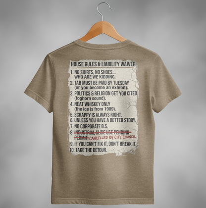 T-shirt with "House Rules & Liability Waiver" list of humorous rules.