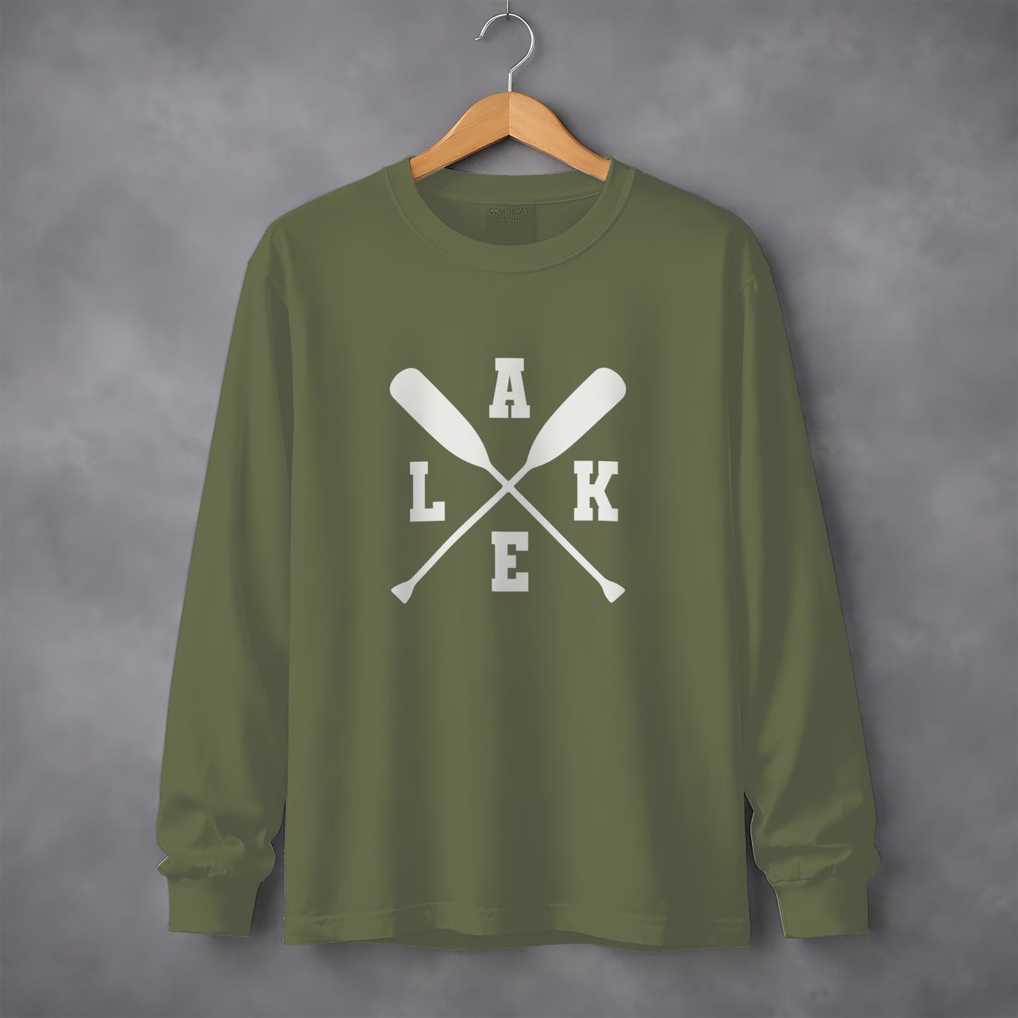 Olive Green Long Sleeve Lake Paddles Graphic Shirt