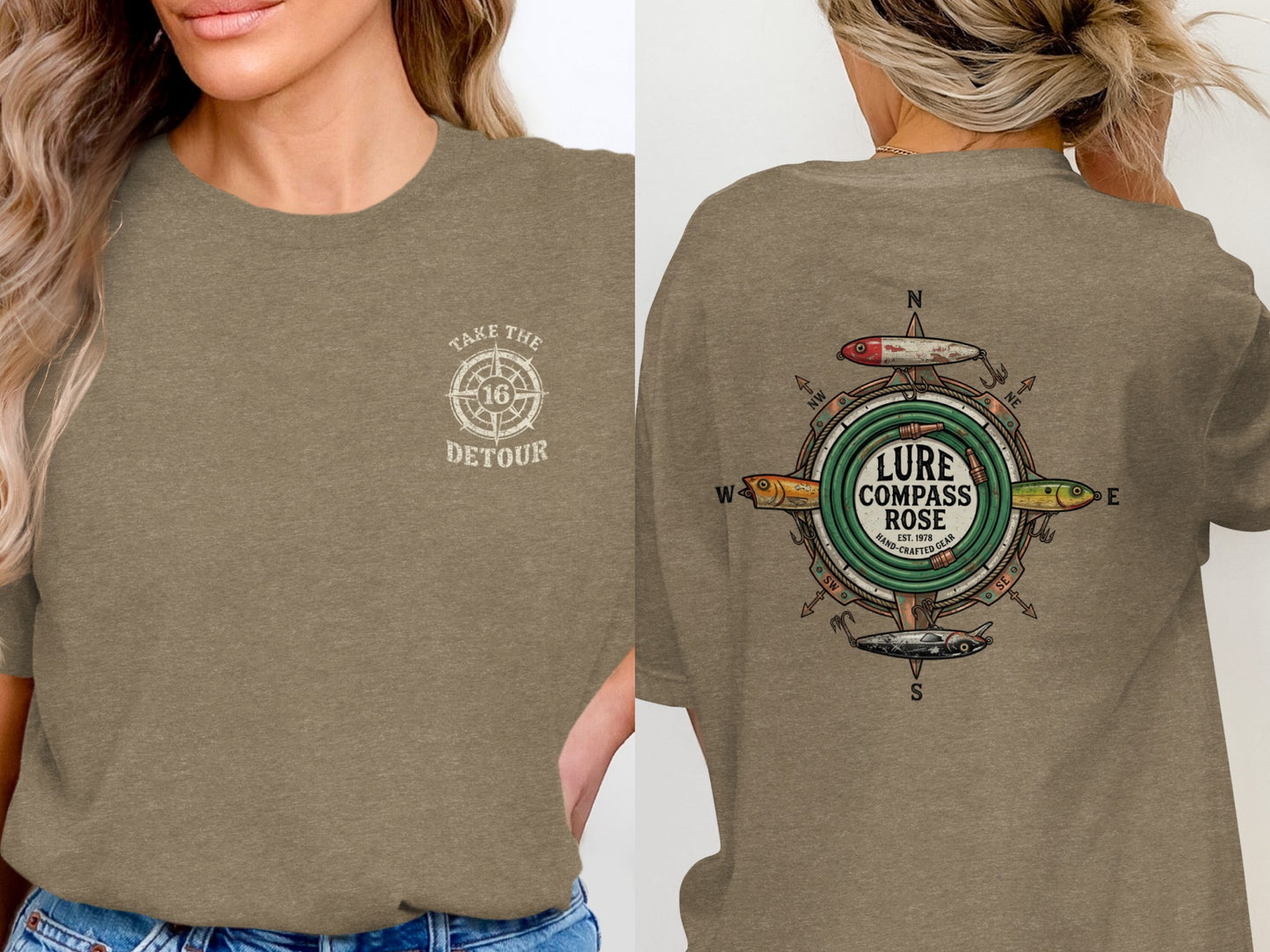 Brown t-shirt with "Take the Detour" logo on front, "Lure Compass Rose Hand-Crafted Gear" on back.