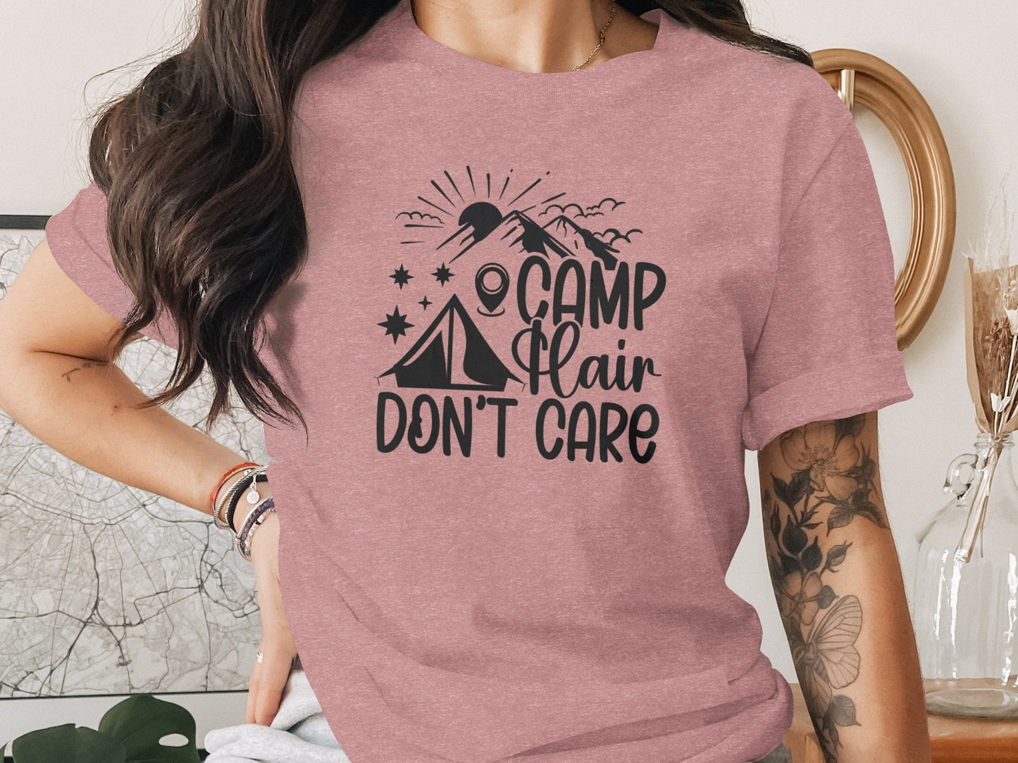 Camp Hair Dont Care with Mountain Scene Graphic T-Shirt T-Shirt - Outdoor & Adventure Collection - Mile Marker 16 Gear by Cloud 16 Clothing Co.