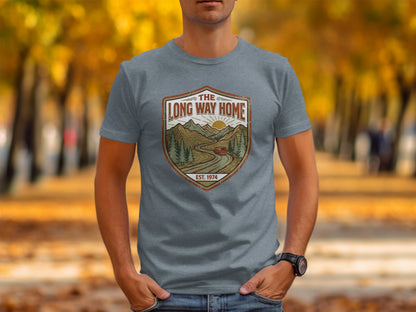 Rugged The Long Way Home | Vintage Adventure Wilderness Shirt: Gray t-shirt with "The Long Way Home" logo featuring a winding road and mountains.
