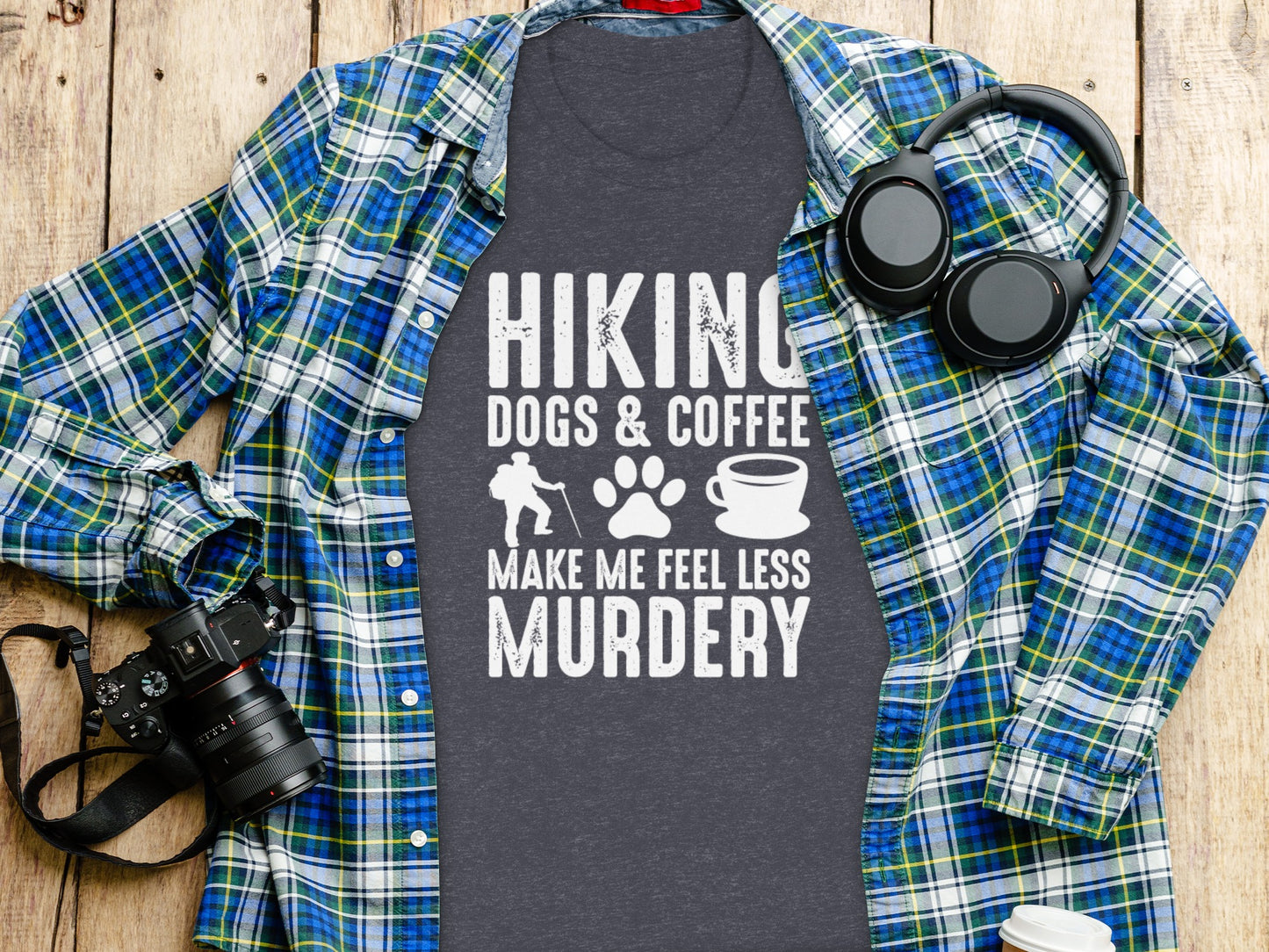 Hiking Dogs Coffee Less Murdery Funny Graphic Design T-Shirt T-Shirt - Outdoor & Adventure Collection - Mile Marker 16 Gear by Cloud 16 Clothing Co.