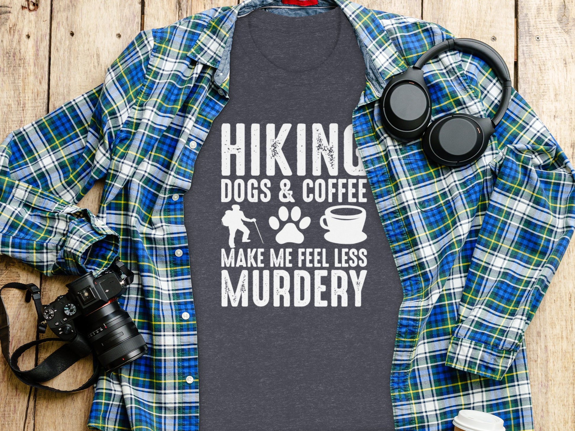 Hiking Dogs Coffee Less Murdery Funny Graphic Design T-Shirt T-Shirt - Outdoor & Adventure Collection - Mile Marker 16 Gear by Cloud 16 Clothing Co.