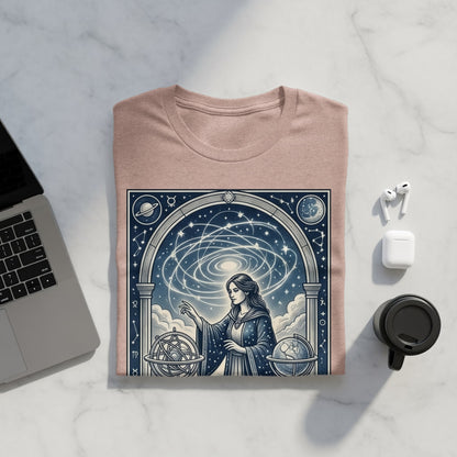 Woman in celestial-themed graphic pointing at swirling galaxy over astrological instruments.