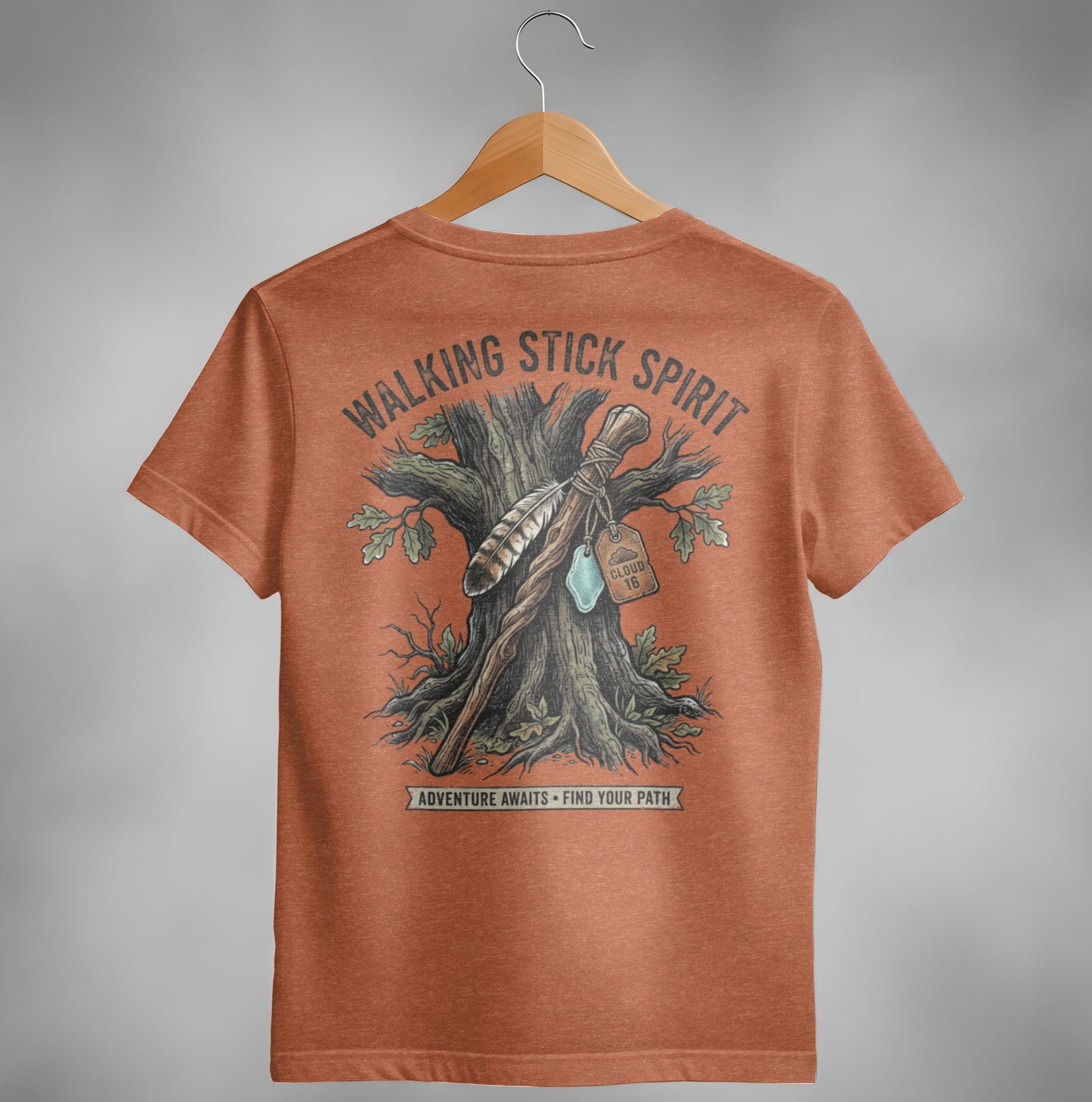 T-shirt graphic with "Walking Stick Spirit" text and woodland scene.