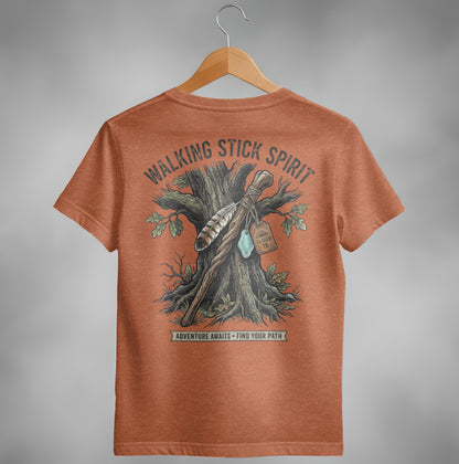 T-shirt graphic with "Walking Stick Spirit" text and woodland scene.