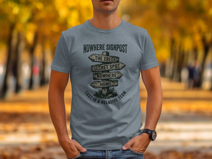 Nowhere Signpost Adventure: Backcountry Outpost Shirt: Gray t-shirt with "Nowhere Signpost" and directional signs for "The Creek," "Secret Spot," and "Home."