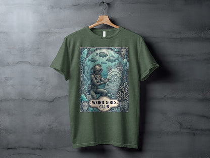 Green t-shirt with vintage diver and "Weird Girls Club odd equations" text.