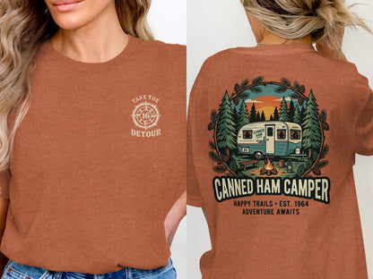 T-shirt with "Canned Ham Camper" graphic and camping scene on back.