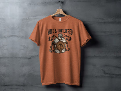 Rugged Wild & Unfiltered Spirit Wilderness Shirt: Orange t-shirt with "Wild & Unfiltered" and a canteen graphic.