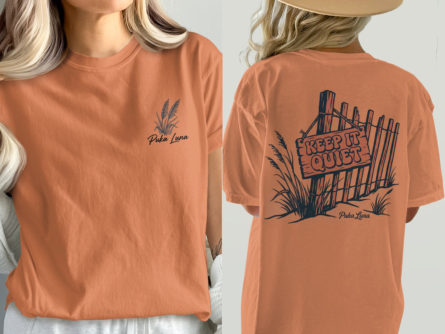 Orange t-shirt with Puka Luna logo on front and "KEEP IT QUIET" sign design on back.