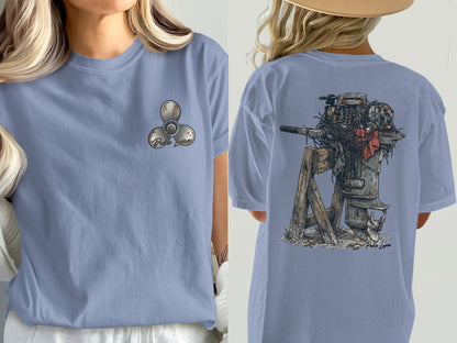 T-shirt with vintage outboard motor illustration on the back and propeller on the front.