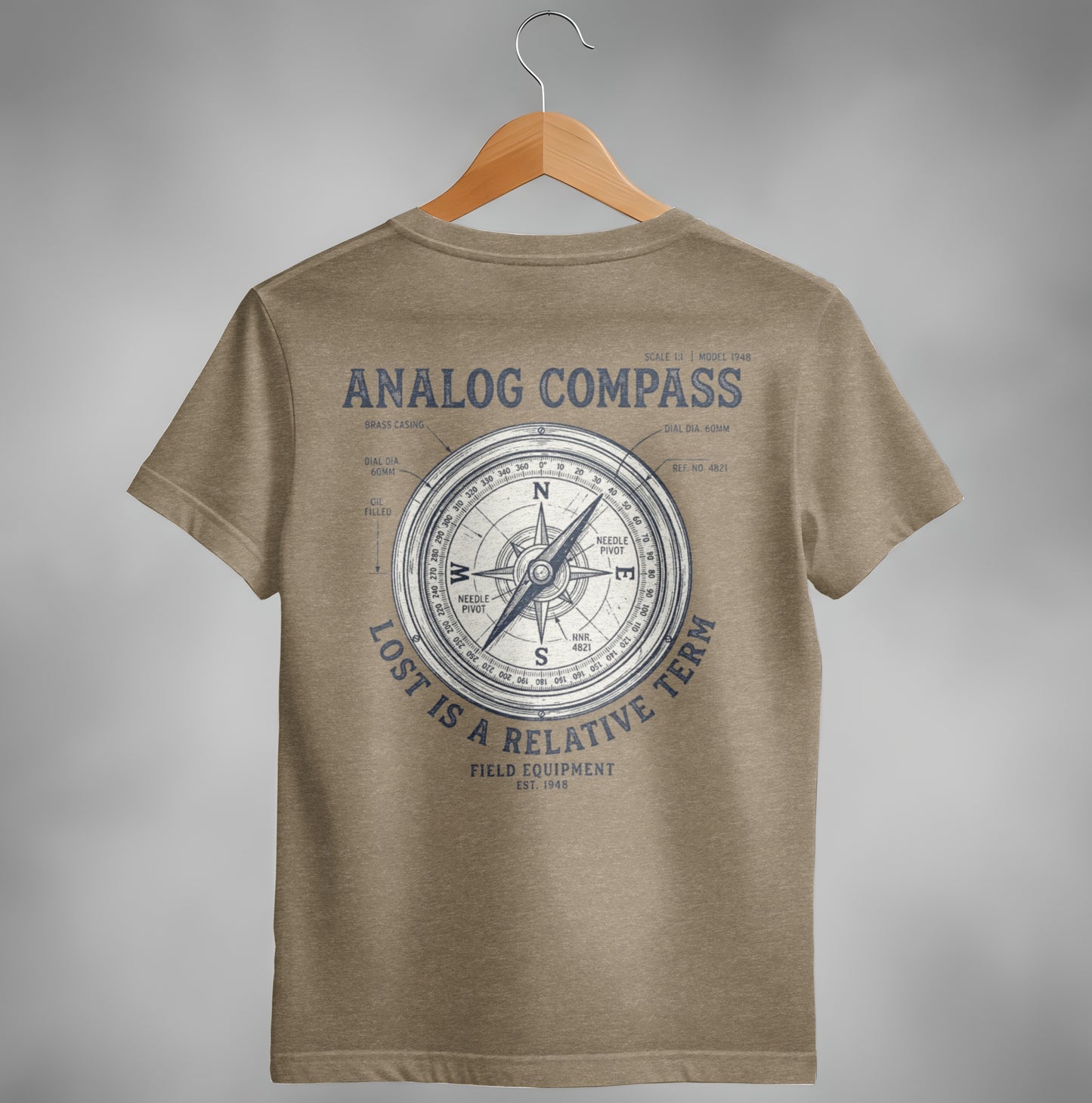 Brown t-shirt with analog compass design and text "Lost is a relative term".
