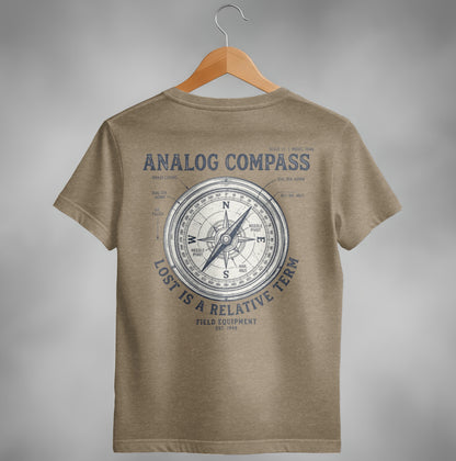Brown t-shirt with analog compass design and text "Lost is a relative term".