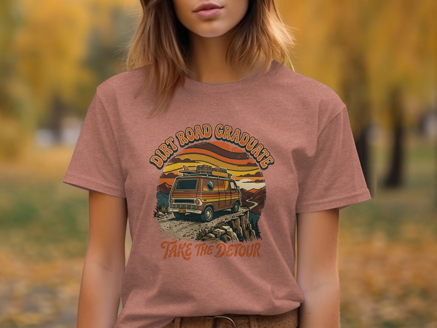 Heritage Dirt Road Graduate Adventure Tee Nomad Tee: T-shirt graphic with vintage van on a dirt road and text "DIRT ROAD GRADUATE TAKE THE DETOUR".
