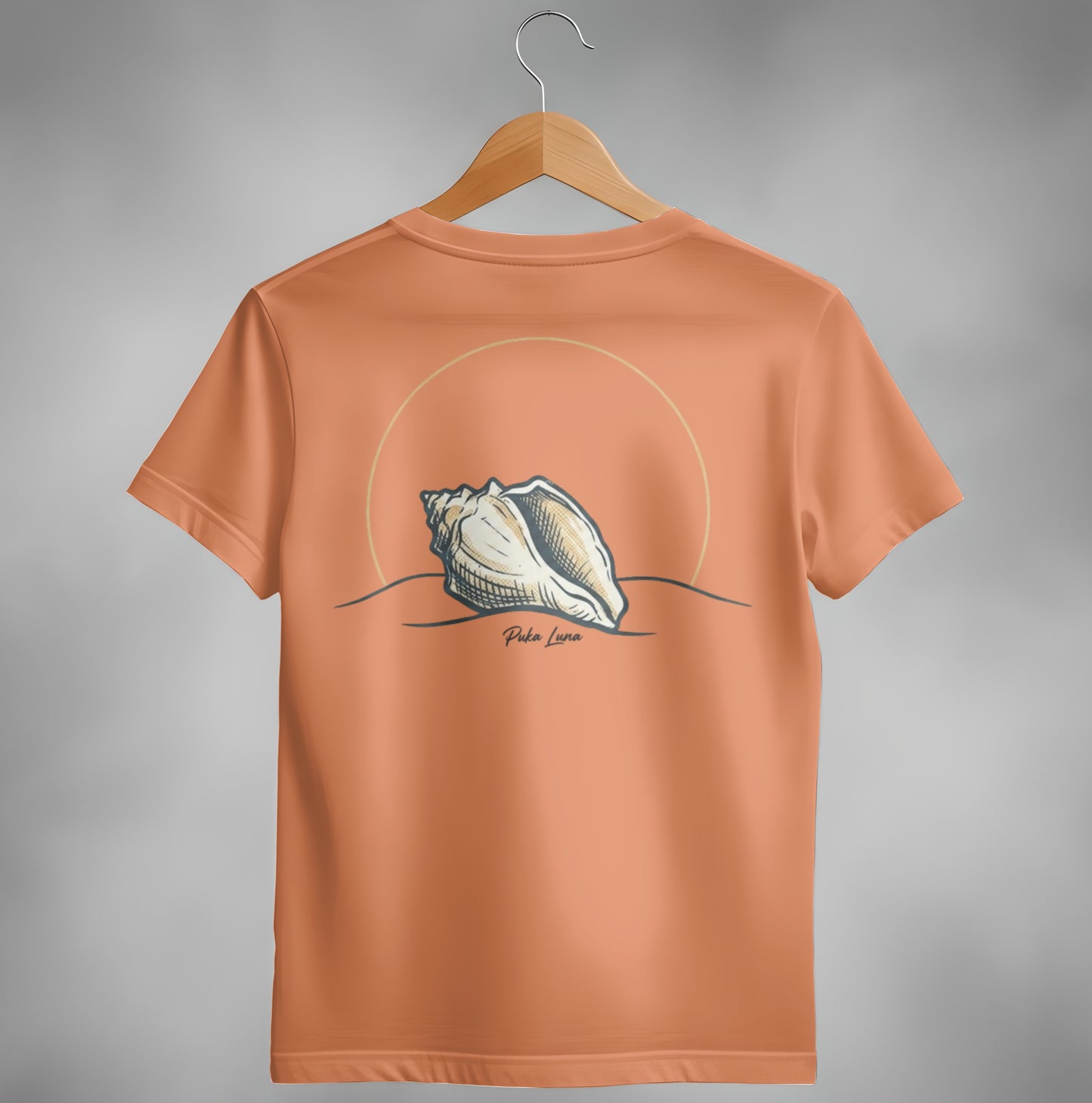 Orange t-shirt with a large shell and sun graphic on back.