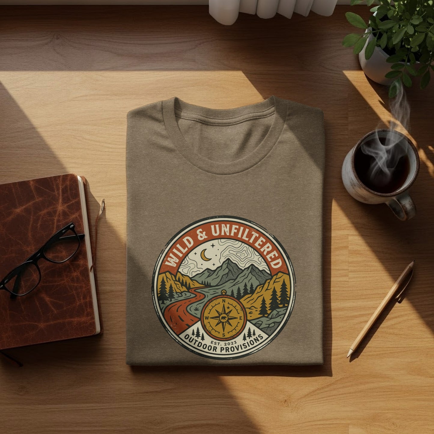 Rugged Wild & Unfiltered Explorer Wilderness Shirt: T-shirt with circular graphic featuring mountains, compass, and text "Wild & Unfiltered Outdoor Provisions".