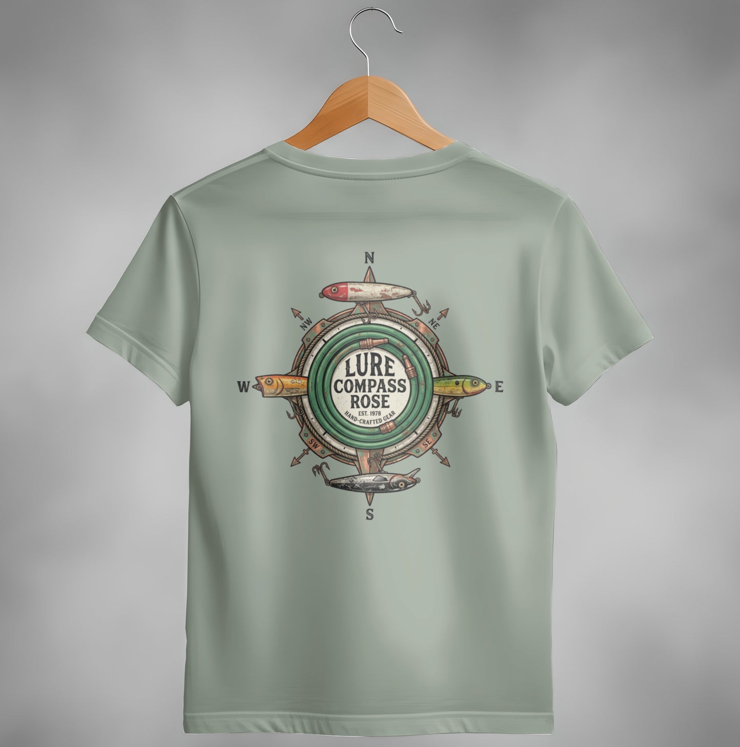T-shirt with circular fishing lure logo featuring compass rose and brand "LURE COMPASS ROSE".
