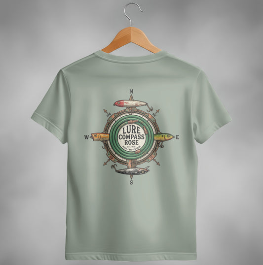 T-shirt with circular fishing lure logo featuring compass rose and brand "LURE COMPASS ROSE".