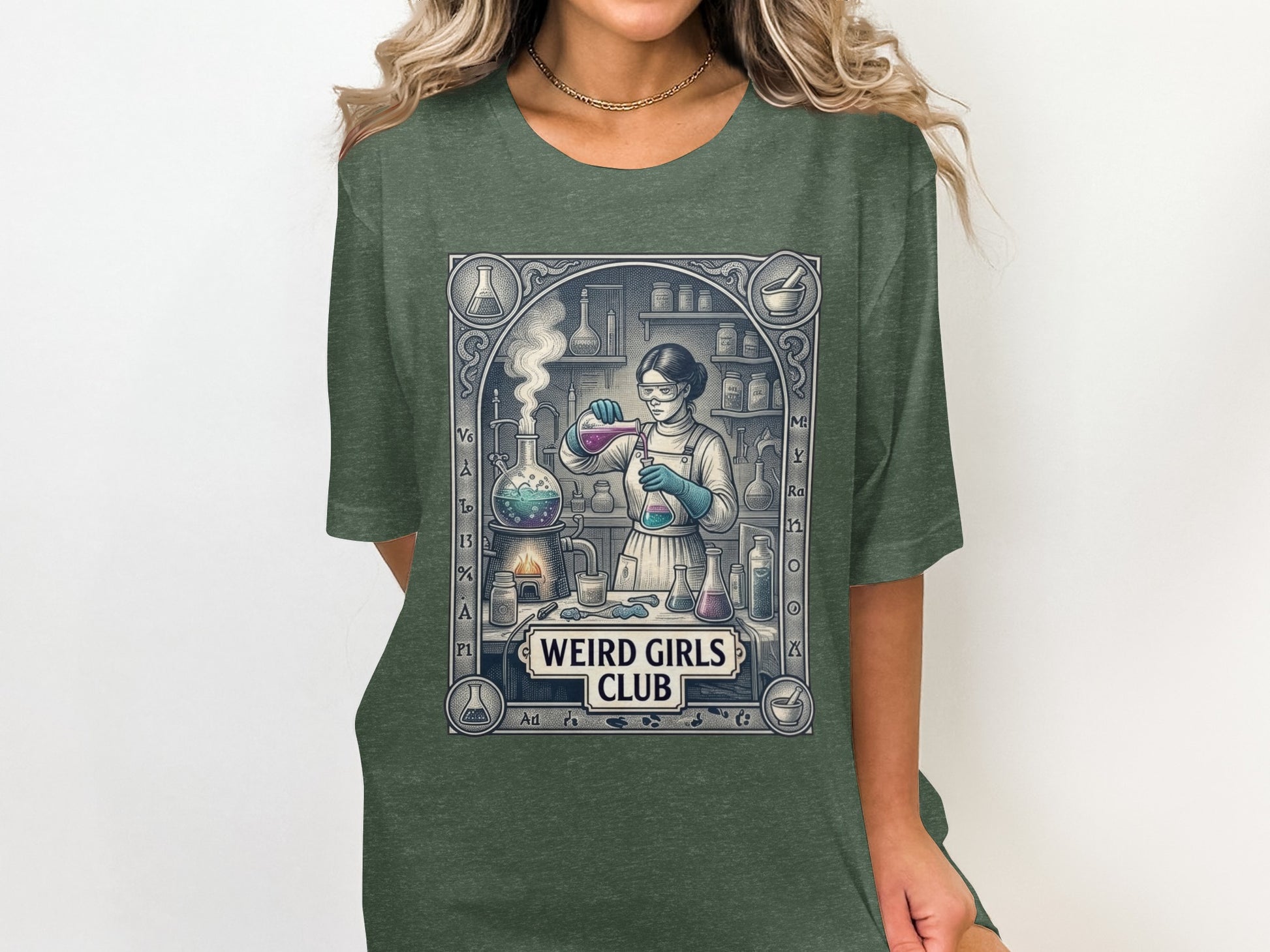 Woman in lab coat pouring liquid from flask, "Weird Girls Club" text.