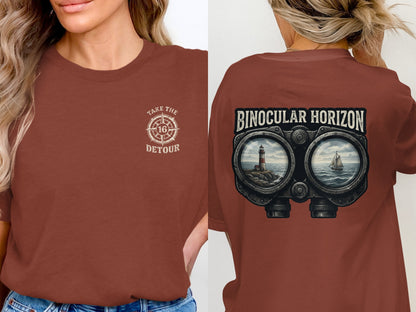 Front: compass graphic with "Take the Detour" text. Back: binoculars viewing a boat at sea.